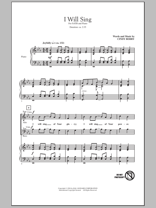 Cindy Berry I Will Sing sheet music notes and chords. Download Printable PDF.