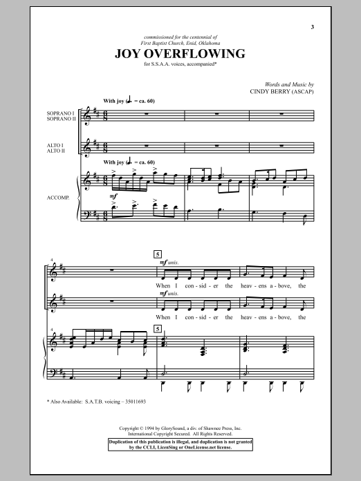 Cindy Berry Joy Overflowing sheet music notes and chords. Download Printable PDF.