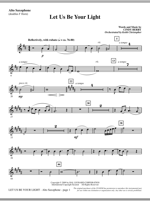 Learn to play Cindy Berry Let Us Be Your Light - Alto Sax (sub. Horn) sheet music for Choir Instrumental Pak in minutes. Cindy Berry Let Us Be Your Light - Alto Sax (sub. Horn) sheet music notes and chords. Download Printable PDF.