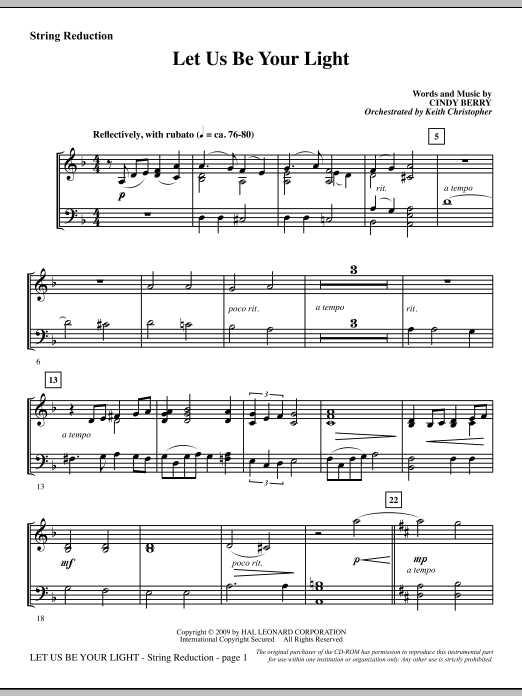 Learn to play Cindy Berry Let Us Be Your Light - Keyboard String Reduction sheet music for Choir Instrumental Pak in minutes. Cindy Berry Let Us Be Your Light - Keyboard String Reduction sheet music notes and chords. Download Printable PDF.