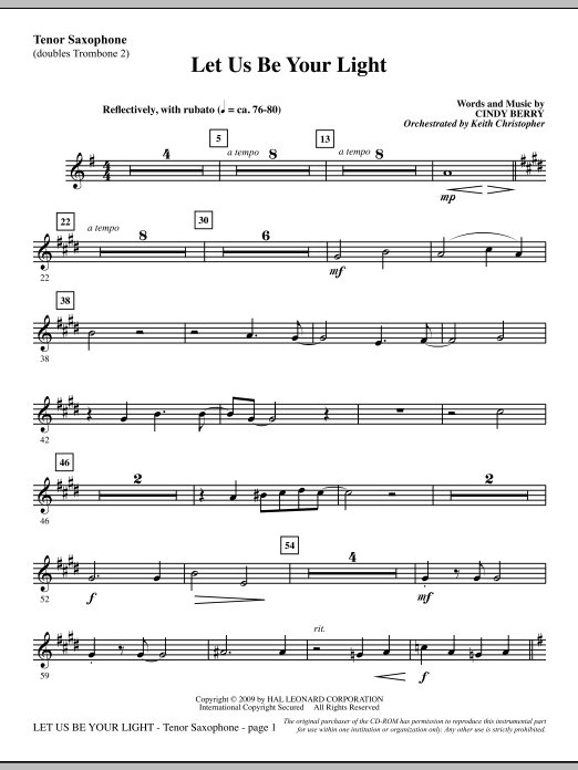 Learn to play Cindy Berry Let Us Be Your Light - Tenor Sax (sub. Tbn 2) sheet music for Choir Instrumental Pak in minutes. Cindy Berry Let Us Be Your Light - Tenor Sax (sub. Tbn 2) sheet music notes and chords. Download Printable PDF.