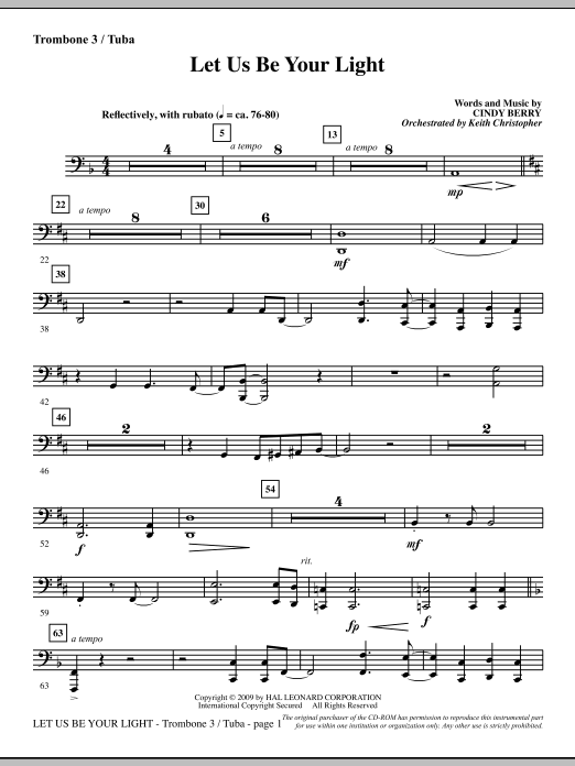 Learn to play Cindy Berry Let Us Be Your Light - Trombone 3/Tuba sheet music for Choir Instrumental Pak in minutes. Cindy Berry Let Us Be Your Light - Trombone 3/Tuba sheet music notes and chords. Download Printable PDF.
