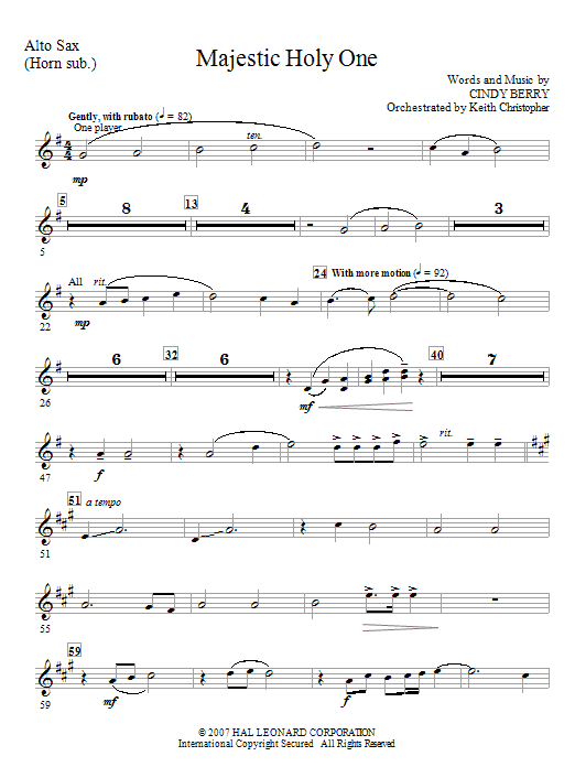 Learn to play Cindy Berry Majestic Holy One - Alto Sax (Horn sub) sheet music for Choir Instrumental Pak in minutes. Cindy Berry Majestic Holy One - Alto Sax (Horn sub) sheet music notes and chords. Download Printable PDF.