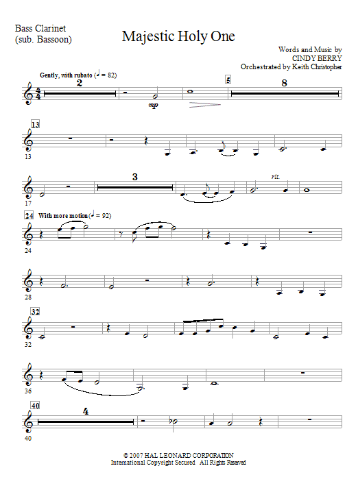Learn to play Cindy Berry Majestic Holy One - Bass Clarinet (Tuba sub) sheet music for Choir Instrumental Pak in minutes. Cindy Berry Majestic Holy One - Bass Clarinet (Tuba sub) sheet music notes and chords. Download Printable PDF.