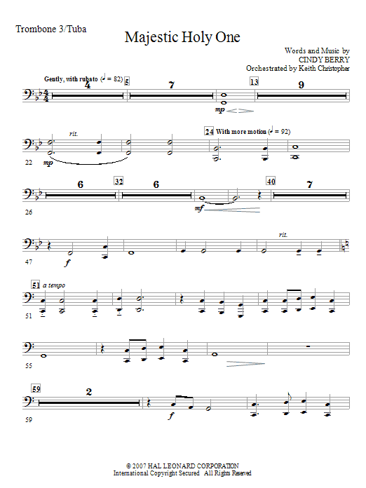 Learn to play Cindy Berry Majestic Holy One - Trombone 3/Tuba sheet music for Choir Instrumental Pak in minutes. Cindy Berry Majestic Holy One - Trombone 3/Tuba sheet music notes and chords. Download Printable PDF.