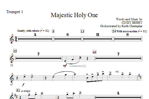 Learn to play Cindy Berry Majestic Holy One - Trumpet 1 sheet music for Choir Instrumental Pak in minutes. Cindy Berry Majestic Holy One - Trumpet 1 sheet music notes and chords. Download Printable PDF.
