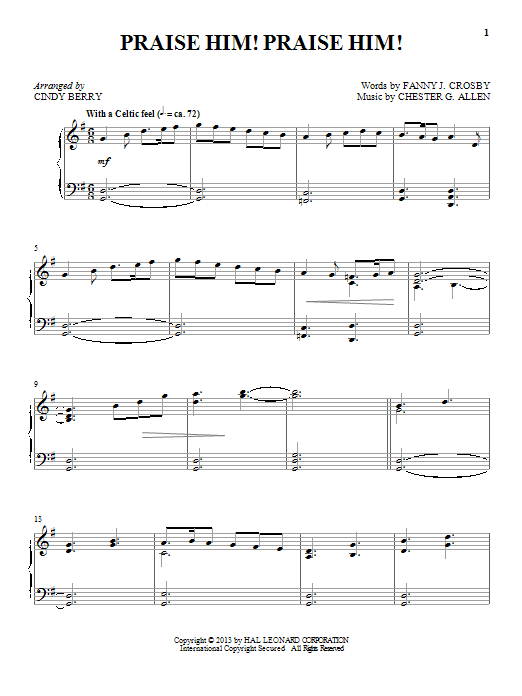 Learn to play Cindy Berry Praise Him! Praise Him! sheet music for Piano Solo in minutes. Cindy Berry Praise Him! Praise Him! sheet music notes and chords. Download Printable PDF.