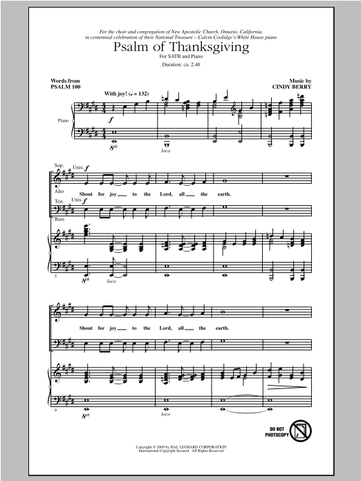 Cindy Berry Psalm Of Thanksgiving sheet music notes and chords. Download Printable PDF.