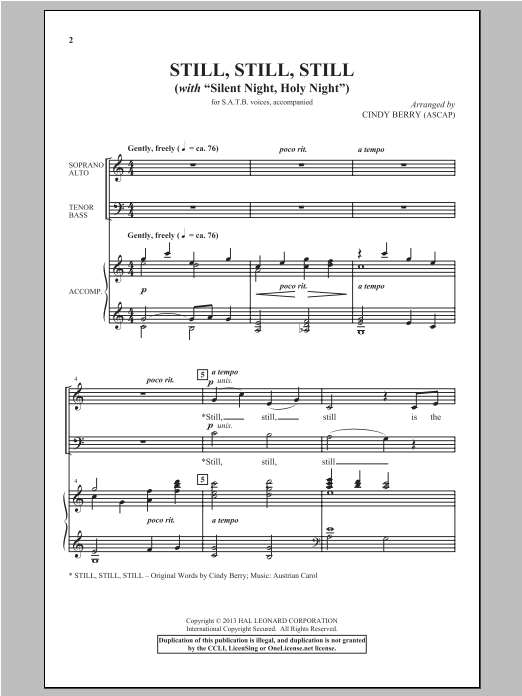 Cindy Berry Silent Night sheet music notes and chords arranged for SATB Choir