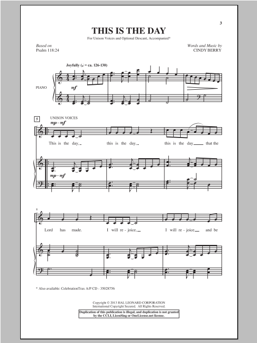Learn to play Cindy Berry This Is The Day sheet music for Unison Choir in minutes. Price: 3.9900$ Cindy Berry This Is The Day sheet music notes and chords arranged for Unison Choir