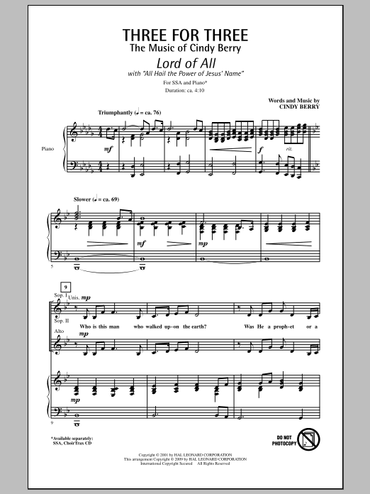 Learn to play Cindy Berry Three For Three - Three Songs For Three Parts - Volume 1 sheet music for SSA Choir in minutes. Price: 3.9900$ Cindy Berry Three For Three - Three Songs For Three Parts - Volume 1 sheet music notes and chords arranged for SSA Choir
