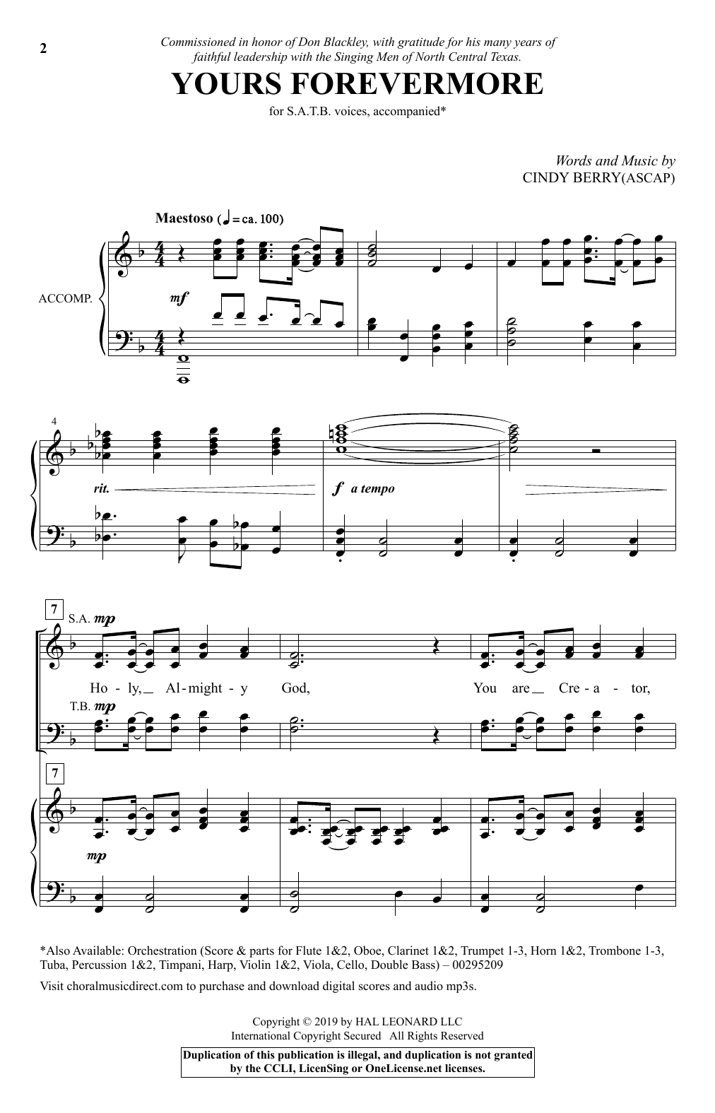 Learn to play Cindy Berry Yours Forevermore sheet music for SATB Choir in minutes. Price: 3.9900$ Cindy Berry Yours Forevermore sheet music notes and chords arranged for SATB Choir