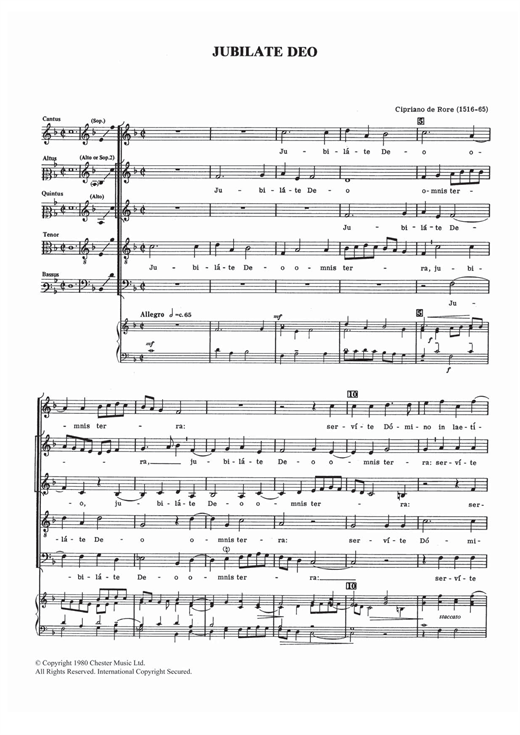 Learn to play Cipriano de Rore Jubilate Deo sheet music for SATB Choir in minutes. Price: 7.8900$ Cipriano de Rore Jubilate Deo sheet music notes and chords. Download Printable PDF.