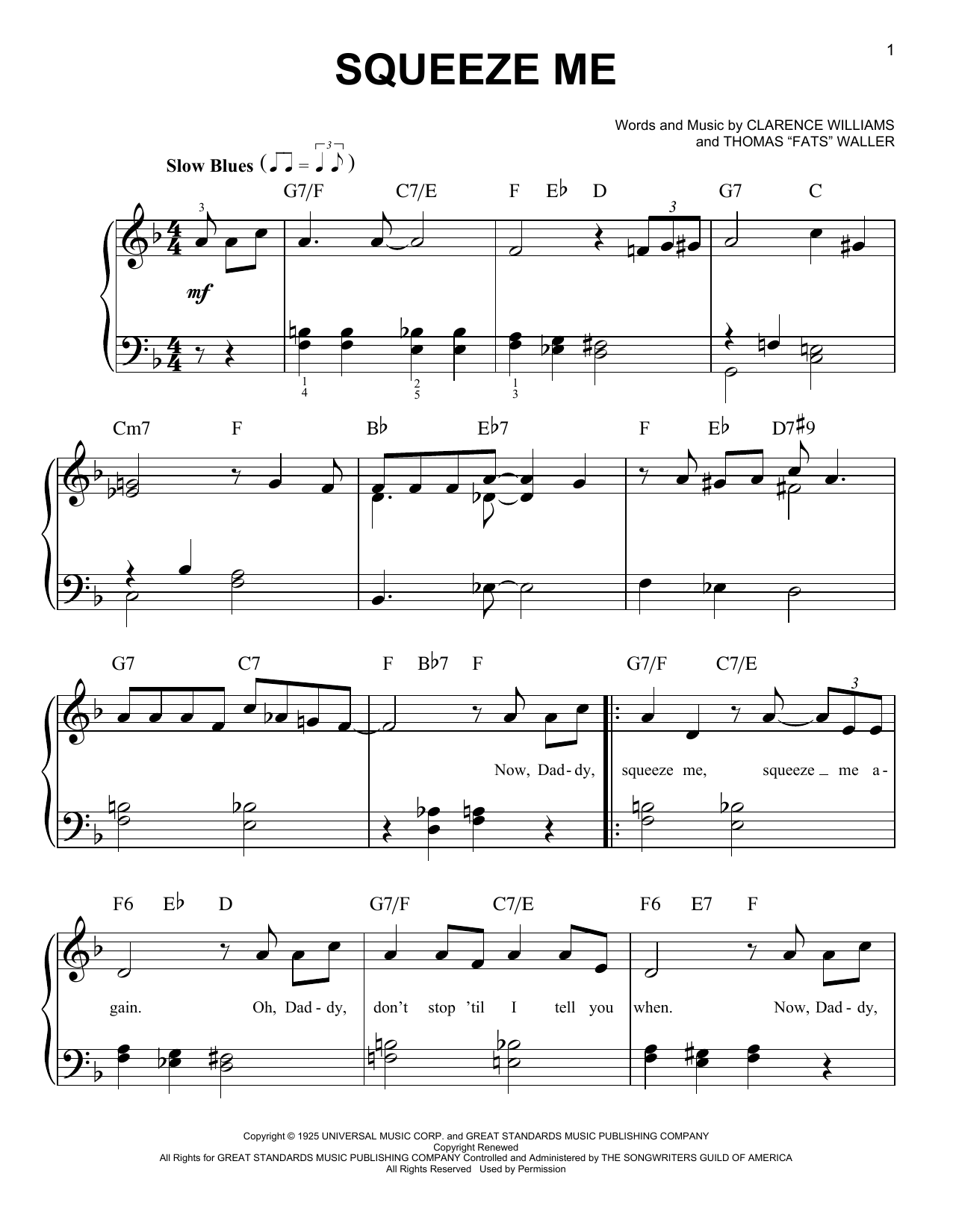 Clarence Williams Squeeze Me sheet music notes and chords. Download Printable PDF.