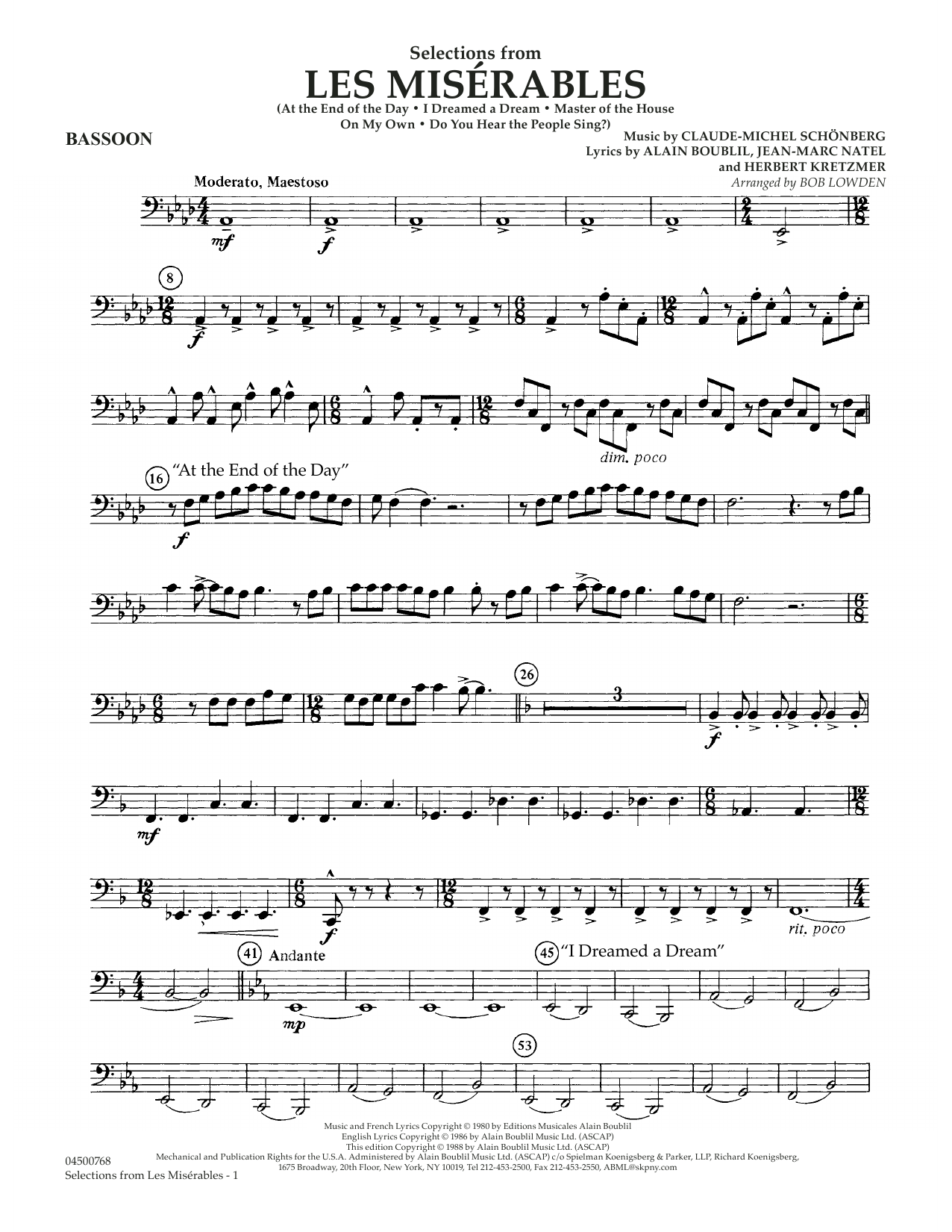 Learn to play Claude-Michael Schonberg Selections from Les Miserables (arr. Bob Lowden) - Bassoon sheet music for Full Orchestra in minutes. Claude-Michael Schonberg Selections from Les Miserables (arr. Bob Lowden) - Bassoon sheet music notes and chords