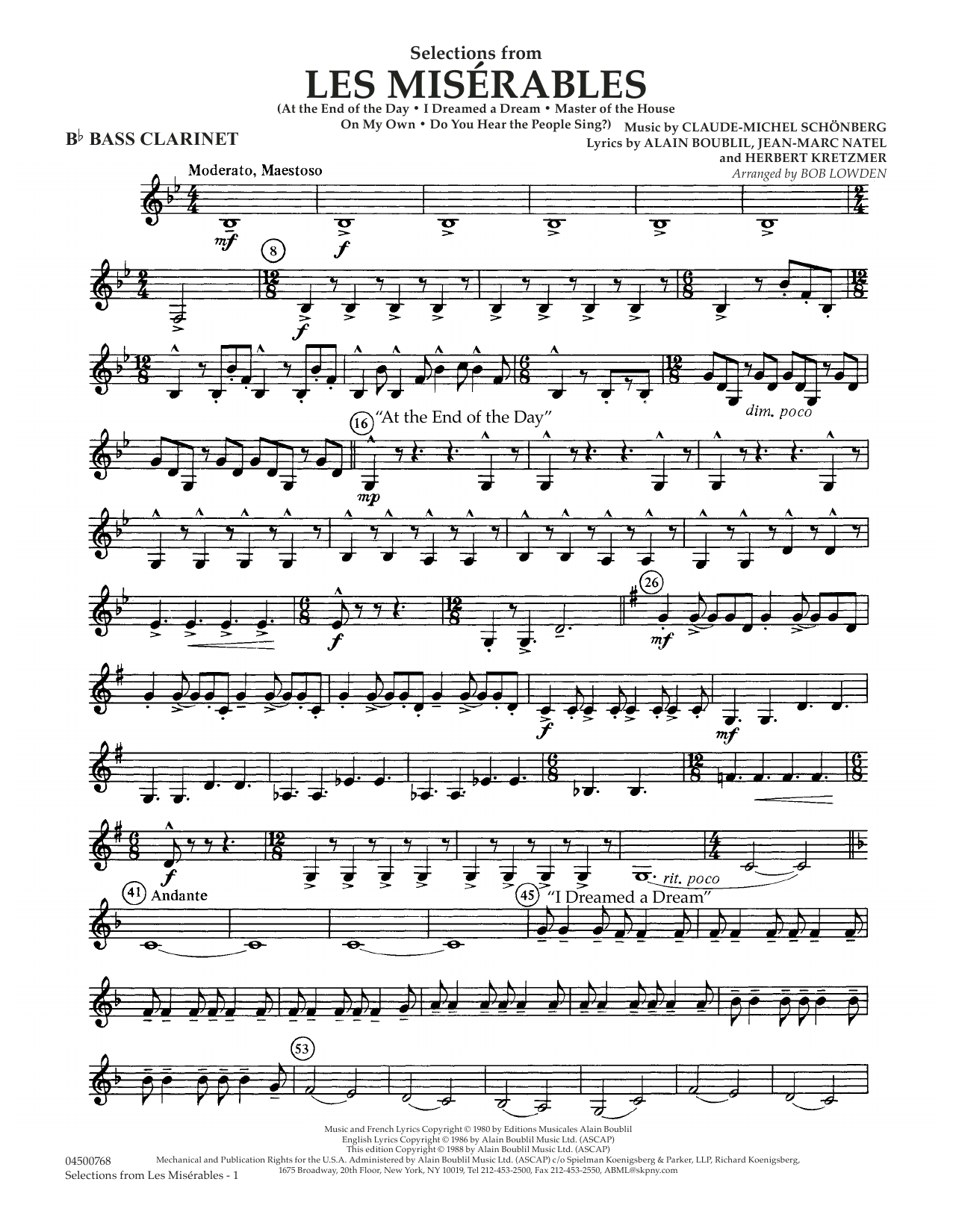 Learn to play Claude-Michael Schonberg Selections from Les Miserables (arr. Bob Lowden) - Bb Bass Clarinet sheet music for Full Orchestra in minutes. Claude-Michael Schonberg Selections from Les Miserables (arr. Bob Lowden) - Bb Bass Clarinet sheet music notes and chords