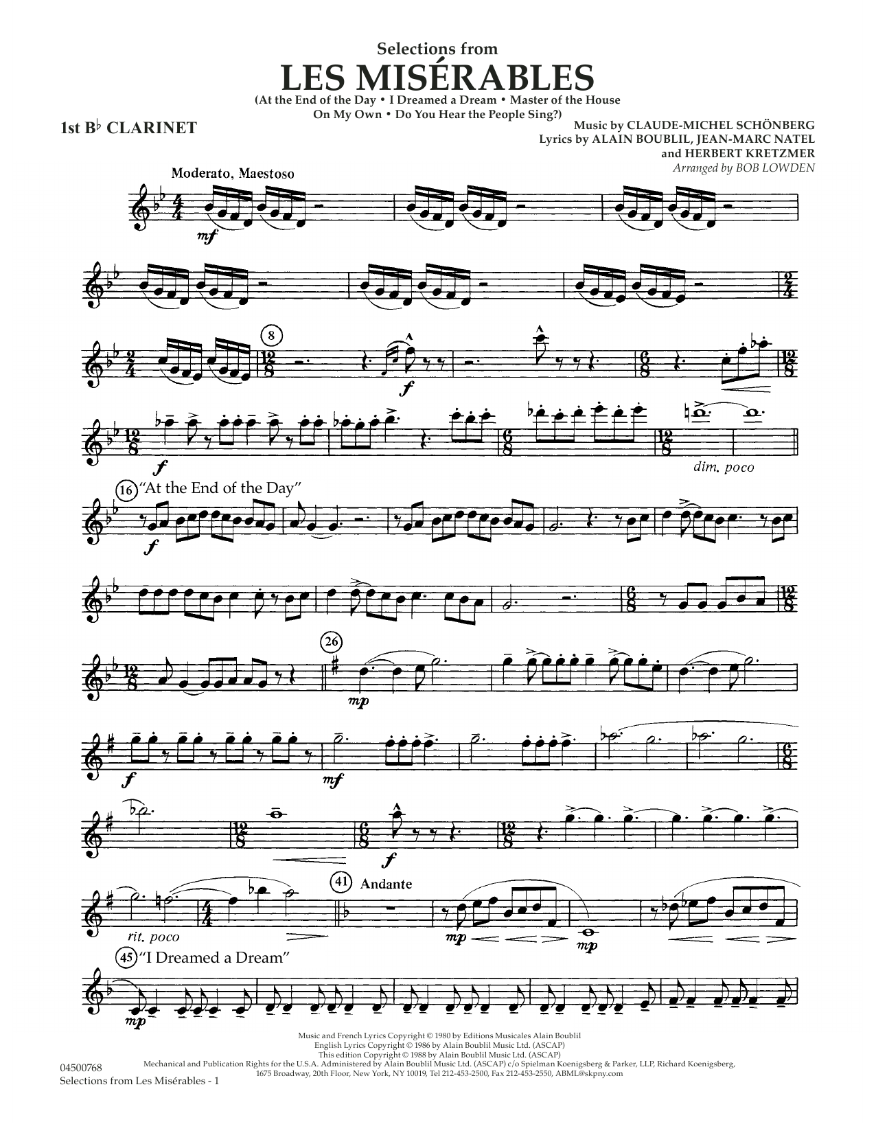 Learn to play Claude-Michael Schonberg Selections from Les Miserables (arr. Bob Lowden) - Bb Clarinet 1 sheet music for Full Orchestra in minutes. Claude-Michael Schonberg Selections from Les Miserables (arr. Bob Lowden) - Bb Clarinet 1 sheet music notes and chords