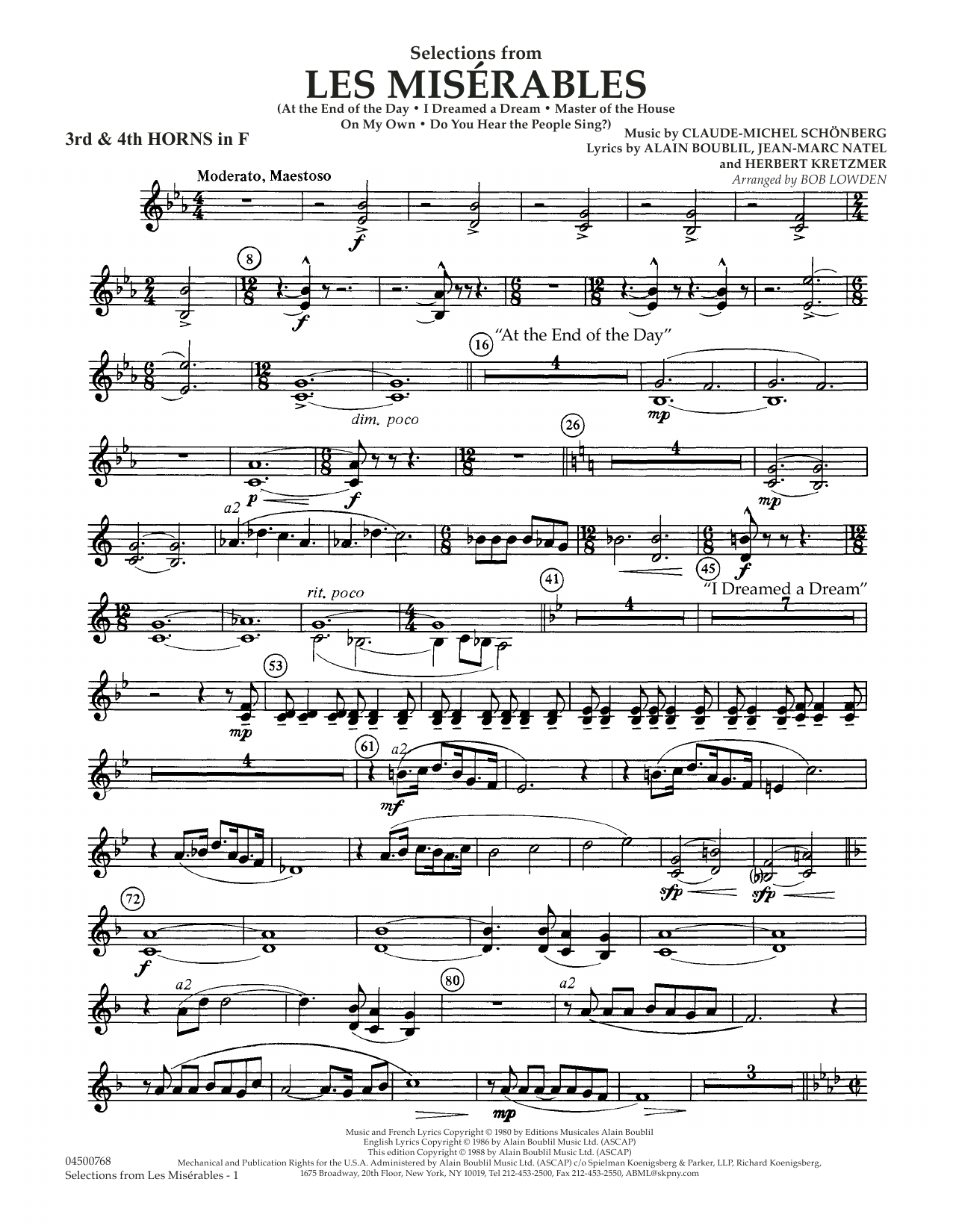 Learn to play Claude-Michael Schonberg Selections from Les Miserables (arr. Bob Lowden) - F Horn 3 & 4 sheet music for Full Orchestra in minutes. Claude-Michael Schonberg Selections from Les Miserables (arr. Bob Lowden) - F Horn 3 & 4 sheet music notes and chords
