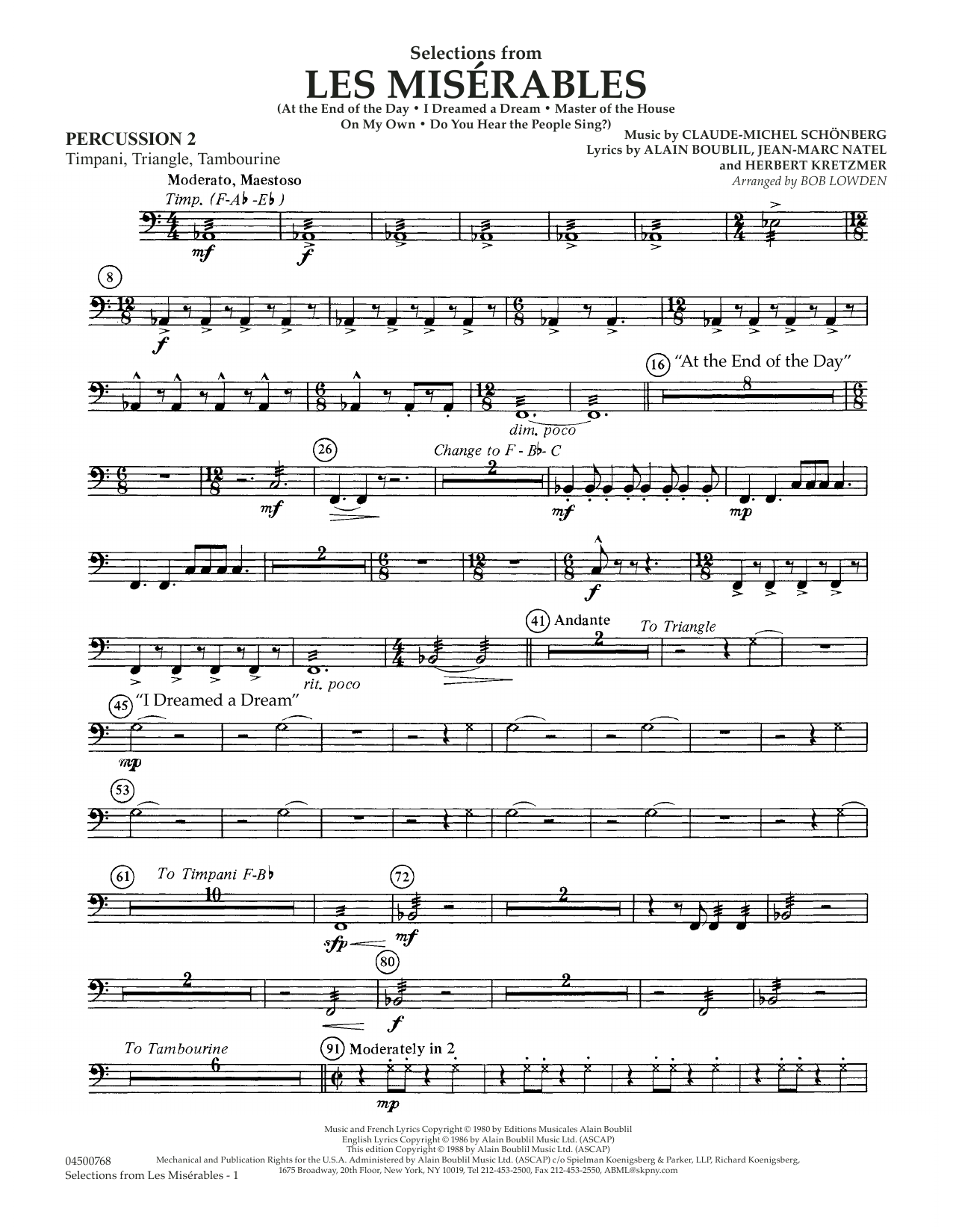 Learn to play Claude-Michael Schonberg Selections from Les Miserables (arr. Bob Lowden) - Percussion 2 sheet music for Full Orchestra in minutes. Claude-Michael Schonberg Selections from Les Miserables (arr. Bob Lowden) - Percussion 2 sheet music notes and chords