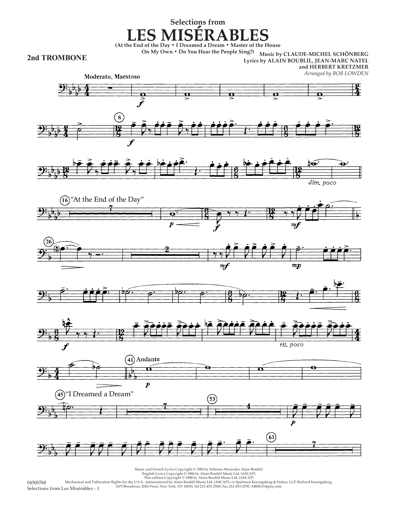 Learn to play Claude-Michael Schonberg Selections from Les Miserables (arr. Bob Lowden) - Trombone 2 sheet music for Full Orchestra in minutes. Claude-Michael Schonberg Selections from Les Miserables (arr. Bob Lowden) - Trombone 2 sheet music notes and chords