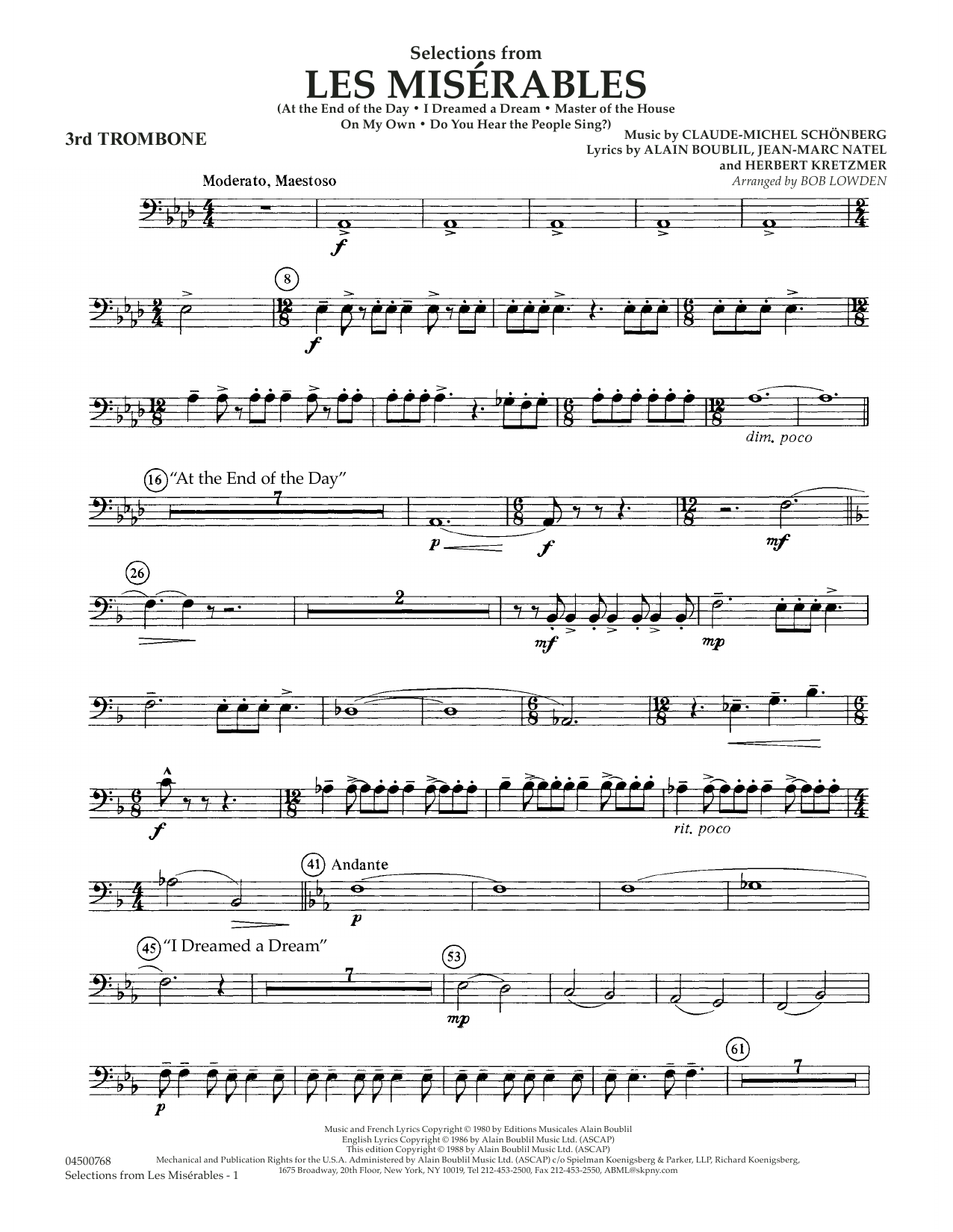 Learn to play Claude-Michael Schonberg Selections from Les Miserables (arr. Bob Lowden) - Trombone 3 sheet music for Full Orchestra in minutes. Claude-Michael Schonberg Selections from Les Miserables (arr. Bob Lowden) - Trombone 3 sheet music notes and chords. Download Printable PDF.