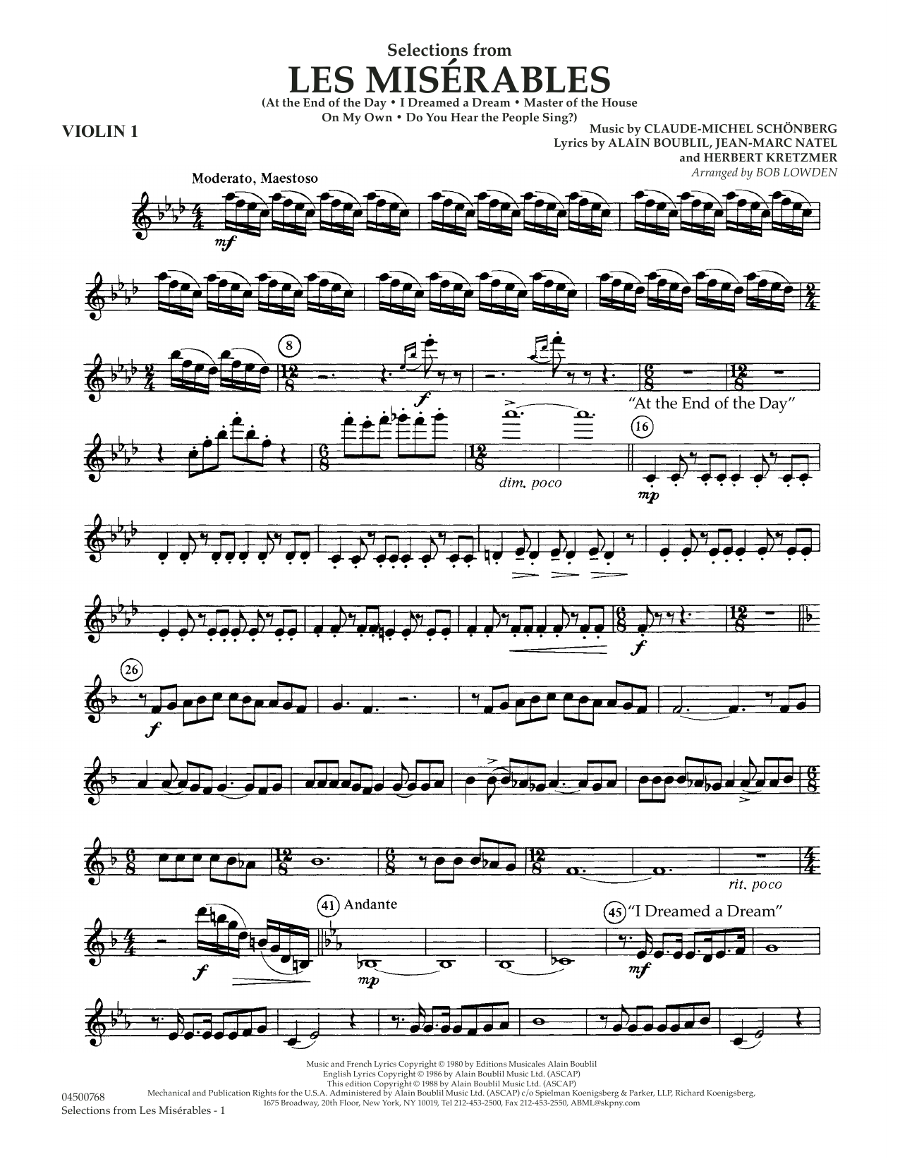 Claude Michael Schonberg Selections From Les Miserables Arr Bob Lowden Violin 1 Sheet Music Pdf Notes Chords Broadway Score Full Orchestra Download Printable Sku 411694