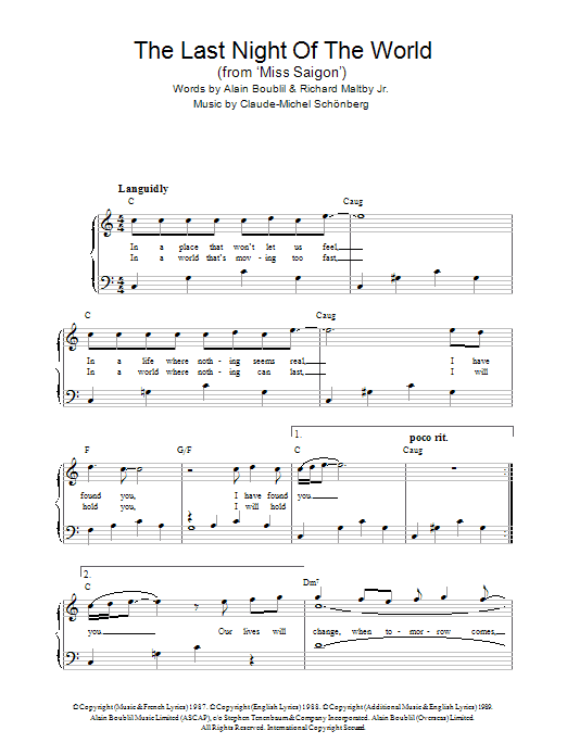 Boublil and Schonberg The Last Night Of The World (from Miss Saigon) sheet music notes and chords. Download Printable PDF.