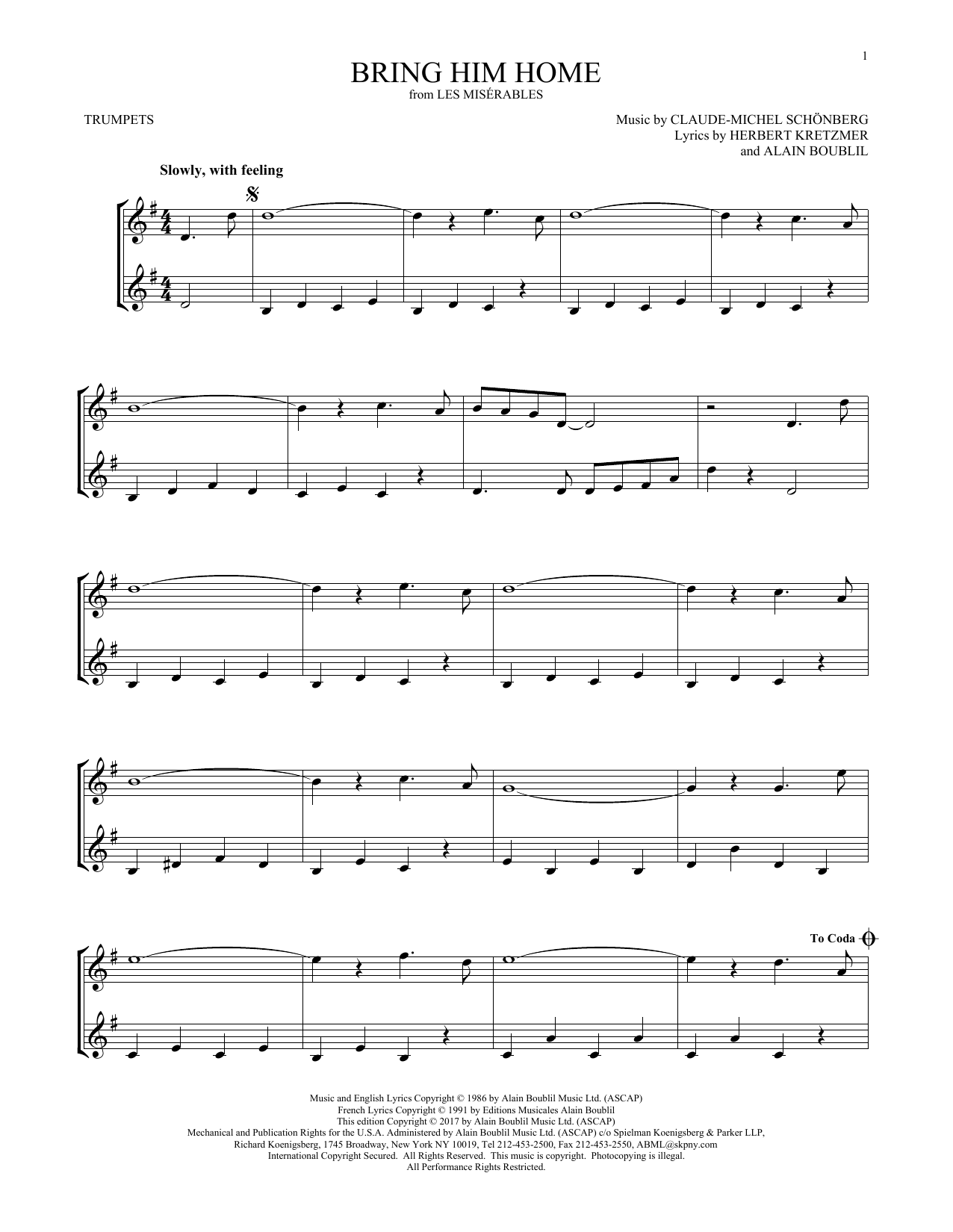 Claude-Michel Schonberg Bring Him Home sheet music notes and chords. Download Printable PDF.