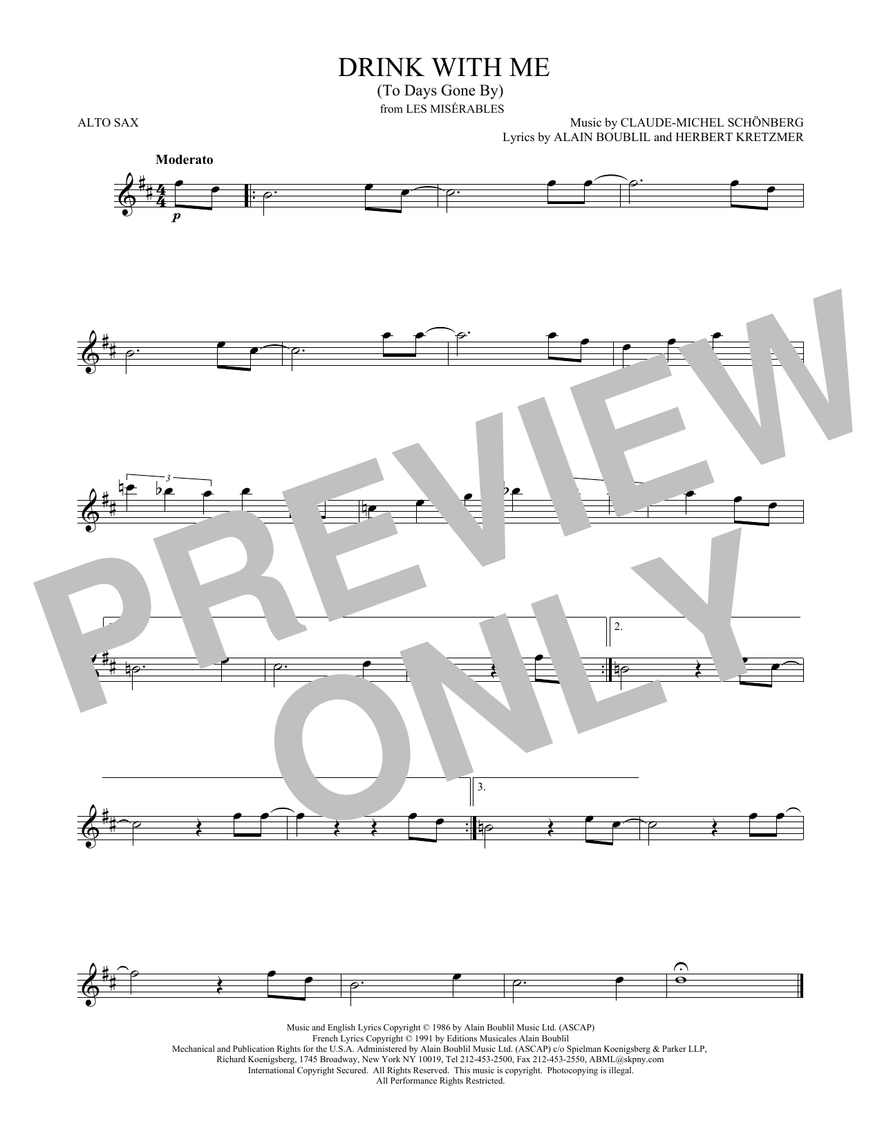 Learn to play Claude-Michel Schonberg Drink With Me (To Days Gone By) sheet music for Violin Solo in minutes. Price: 4.4900$ Claude-Michel Schonberg Drink With Me (To Days Gone By) sheet music notes and chords arranged for Violin Solo