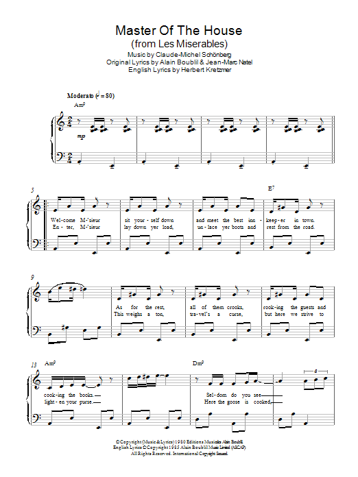 Learn to play Claude-Michel Schonberg Master Of The House (from Les Miserables) sheet music for Easy Piano in minutes. Claude-Michel Schonberg Master Of The House (from Les Miserables) sheet music notes and chords. Download Printable PDF.