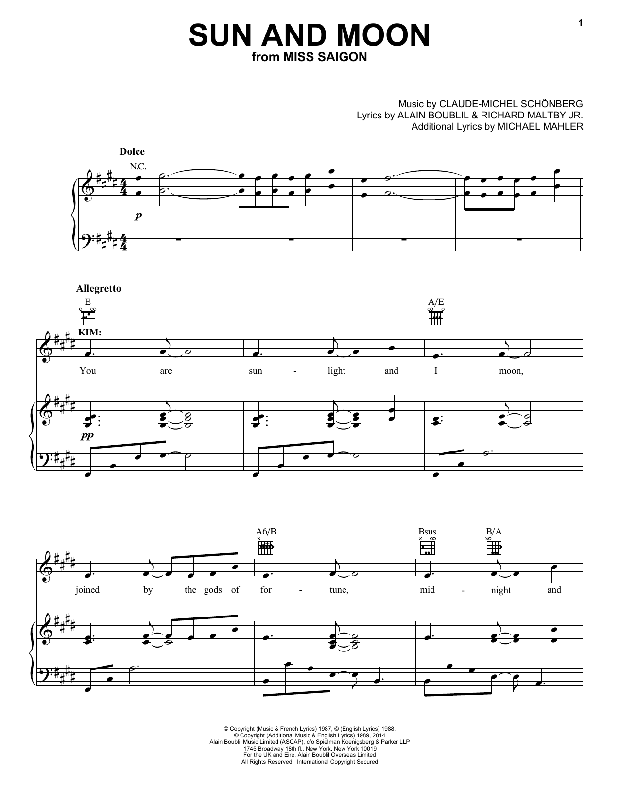 Boublil and Schonberg Sun And Moon sheet music notes and chords. Download Printable PDF.