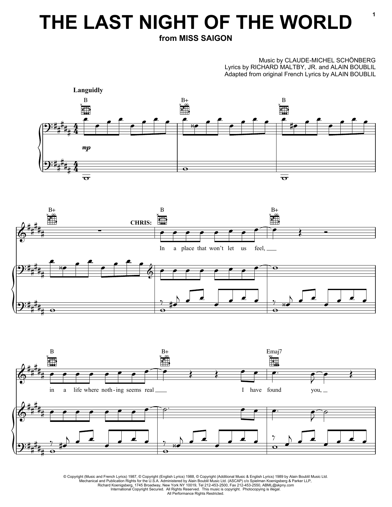 Learn to play Claude-Michel Schonberg The Last Night Of The World sheet music for Pro Vocal in minutes. Price: 6.9900$ Claude-Michel Schonberg The Last Night Of The World sheet music notes and chords arranged for Pro Vocal