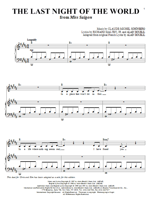 Boublil and Schonberg The Last Night Of The World (from Miss Saigon) sheet music notes and chords. Download Printable PDF.
