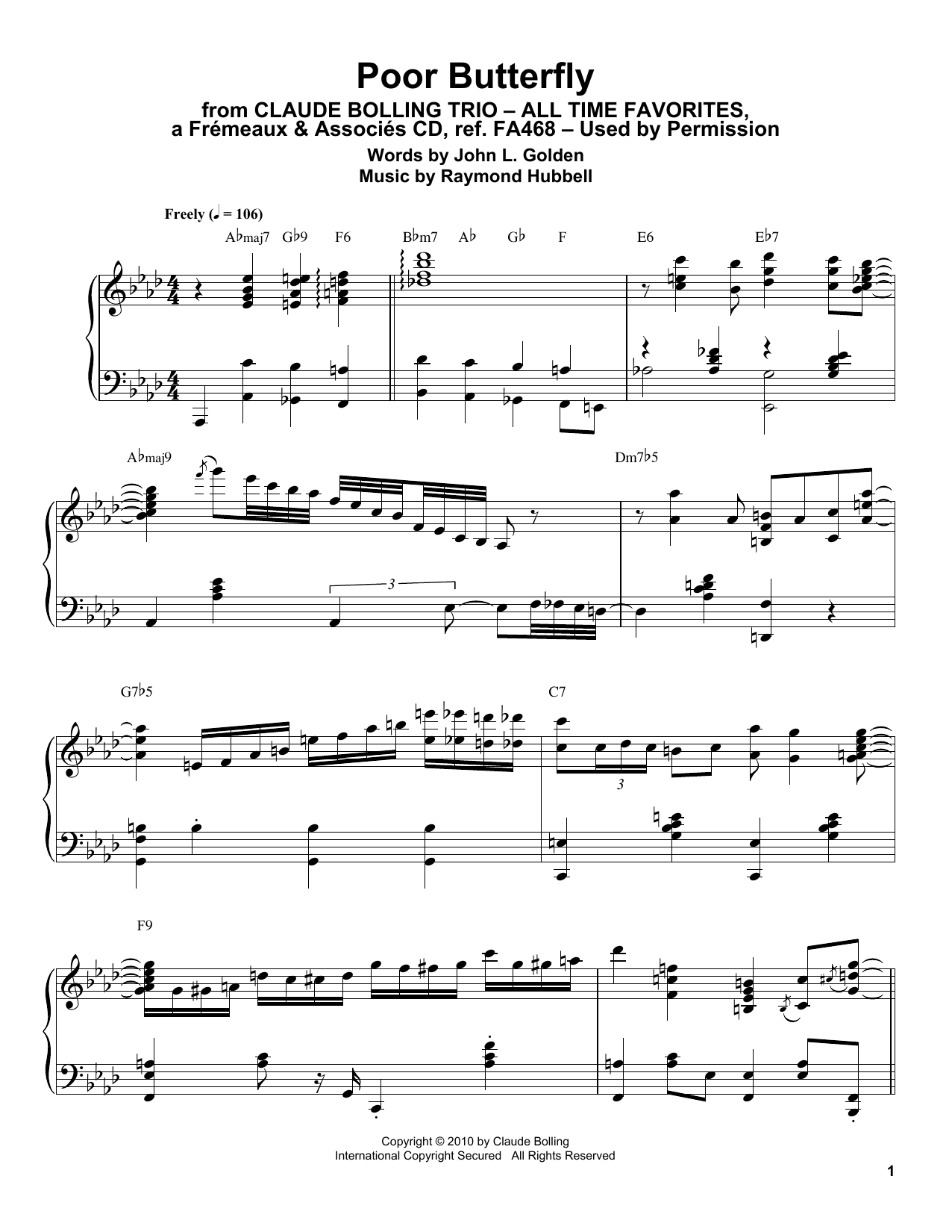 Claude Bolling Poor Butterfly sheet music notes and chords. Download Printable PDF.