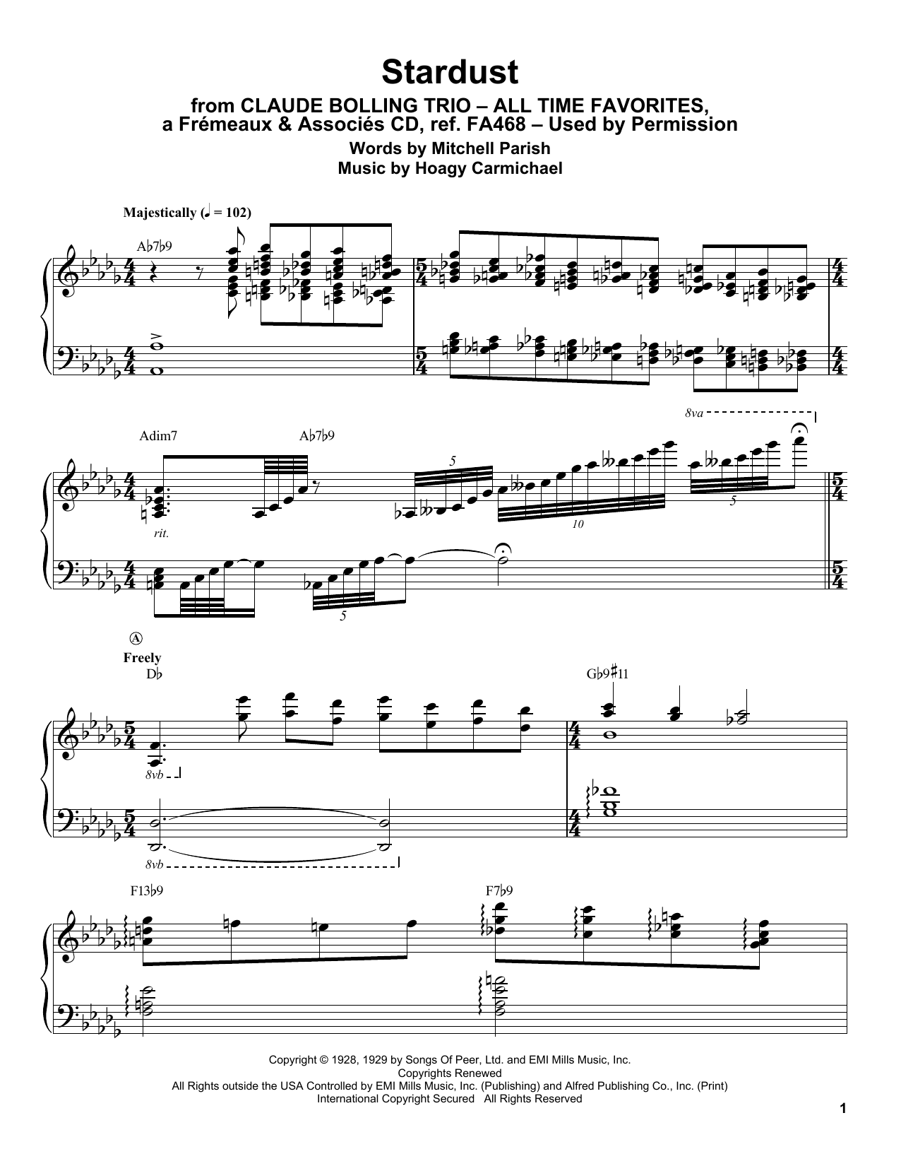 Claude Bolling Stardust sheet music notes and chords. Download Printable PDF.