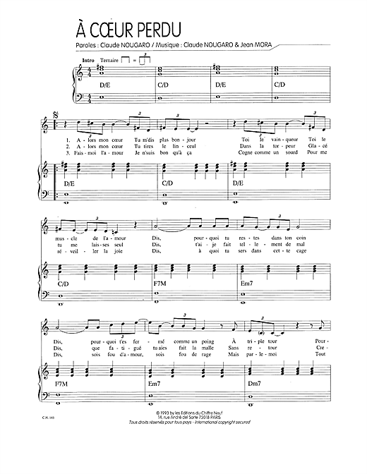 Claude Nougaro A Coeur Perdu sheet music notes and chords. Download Printable PDF.