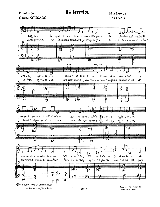 Claude Nougaro Gloria sheet music notes and chords. Download Printable PDF.