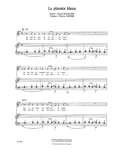 Claude Nougaro La Planete Bleue sheet music notes and chords. Download Printable PDF.