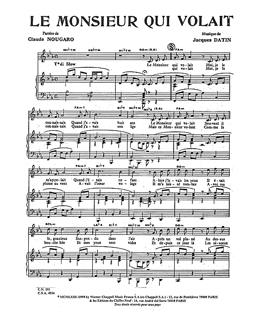 Claude Nougaro Monsieur Qui Volait sheet music notes and chords. Download Printable PDF.