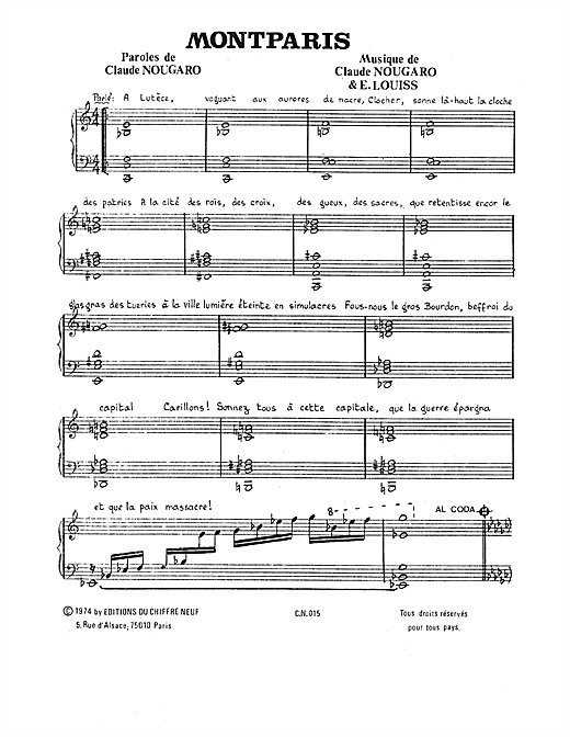 Claude Nougaro Montparis sheet music notes and chords. Download Printable PDF.