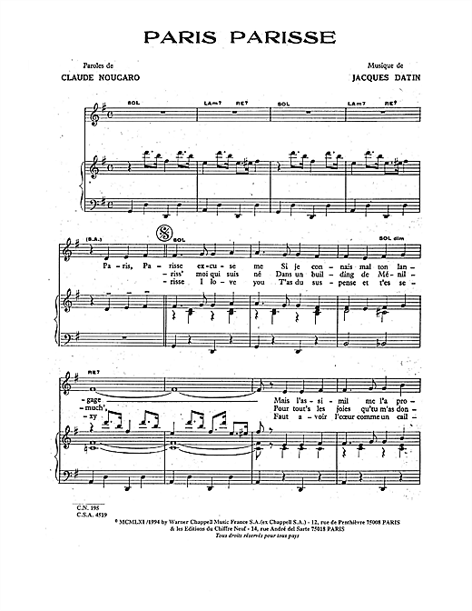 Claude Nougaro Paris Parisse sheet music notes and chords. Download Printable PDF.