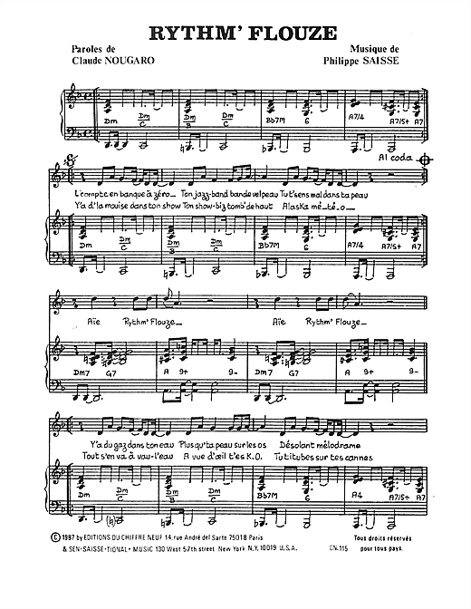 Claude Nougaro Rythm Flouze Sheet Music Pdf Notes Chords Pop Score Piano And Vocal Download 0750