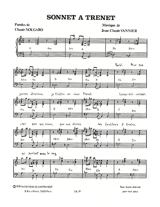 Claude Nougaro Sonnet A Trenet sheet music notes and chords. Download Printable PDF.