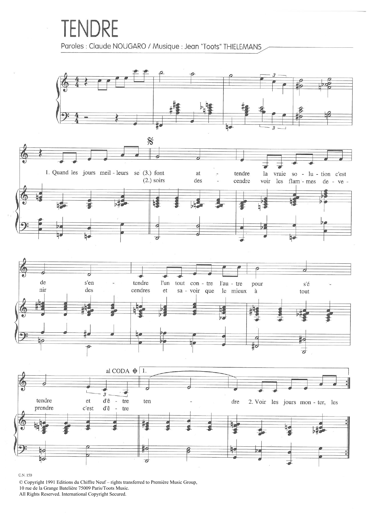 Claude Nougaro Tendre sheet music notes and chords. Download Printable PDF.