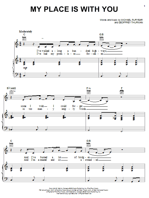 Learn to play Clay Crosse My Place Is With You sheet music for Piano, Vocal & Guitar (Right-Hand Melody) in minutes. Price: 7.7900$ Clay Crosse My Place Is With You sheet music notes and chords. Download Printable PDF.