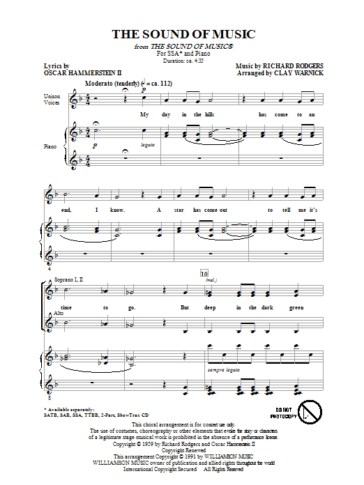 Learn to play Rodgers & Hammerstein The Sound of Music (arr. Clay Warnick) sheet music for SSA Choir in minutes. Price: 3.9900$ Rodgers & Hammerstein The Sound of Music (arr. Clay Warnick) sheet music notes and chords arranged for SSA Choir