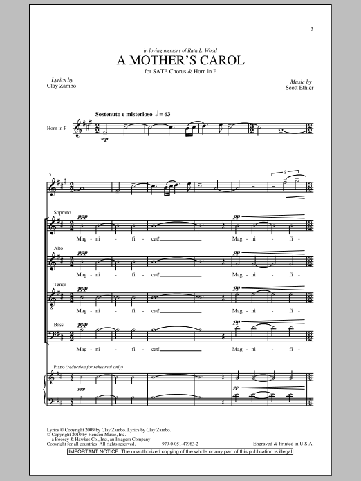 Learn to play Clay Zambo A Mother's Carol sheet music for SATB Choir in minutes. Price: 3.9900$ Clay Zambo A Mother's Carol sheet music notes and chords arranged for SATB Choir