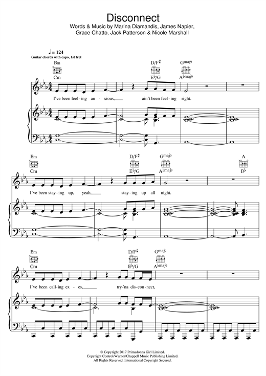 Learn to play Clean Bandit Disconnect (feat. Marina & The Diamonds) sheet music for Piano, Vocal & Guitar (Right-Hand Melody) in minutes. Clean Bandit Disconnect (feat. Marina & The Diamonds) sheet music notes and chords. Download Printable PDF.