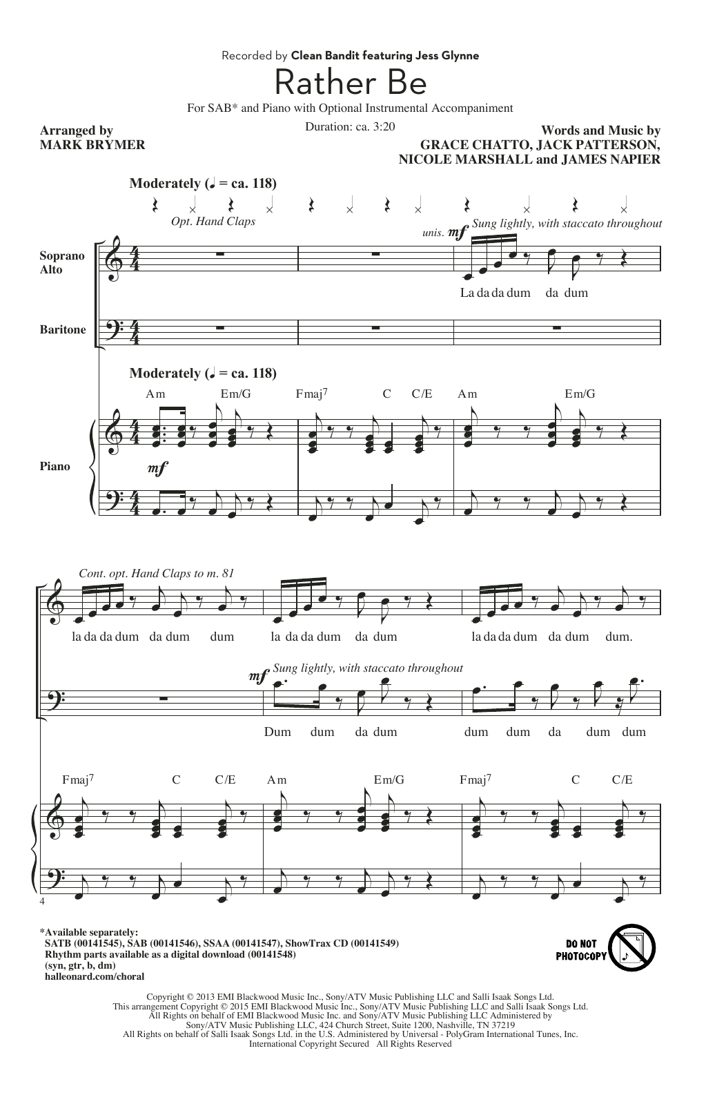 Learn to play Clean Bandit Rather Be (arr. Mark Brymer) sheet music for SSA Choir in minutes. Clean Bandit Rather Be (arr. Mark Brymer) sheet music notes and chords. Download Printable PDF.