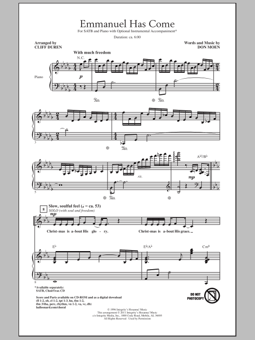 Cliff Duren Emmanuel Has Come sheet music notes and chords. Download Printable PDF.